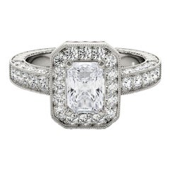 GIA Certified 2.38 Carat Radiant Halo Openwork Pave Platinum Diamond Ring
