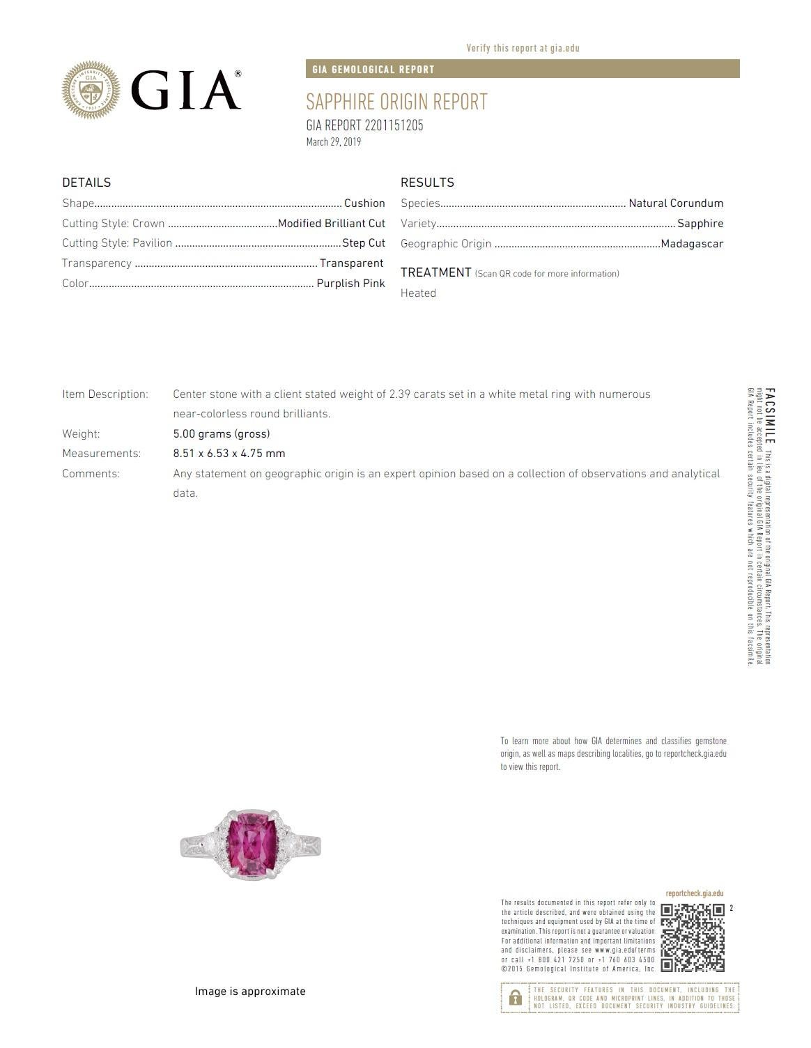 DiamondTown GIA Certified 2.39 Carat Cushion Cut Exotic Pink Sapphire Ring In New Condition In New York, NY