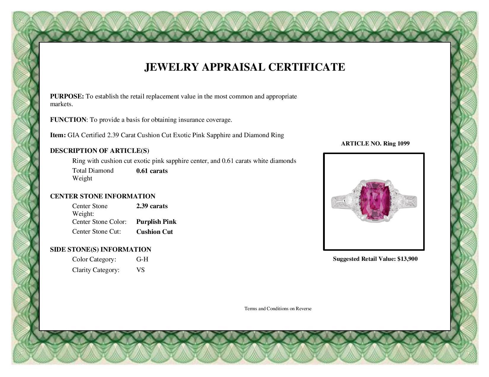 DiamondTown GIA Certified 2.39 Carat Cushion Cut Exotic Pink Sapphire Ring 1