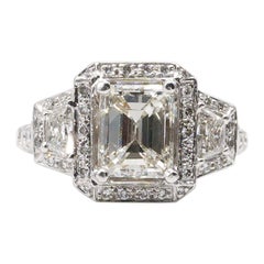 GIA Certified 2.39 Carat Emerald Cut Diamond & Trapezoid Diamond Engagement Ring