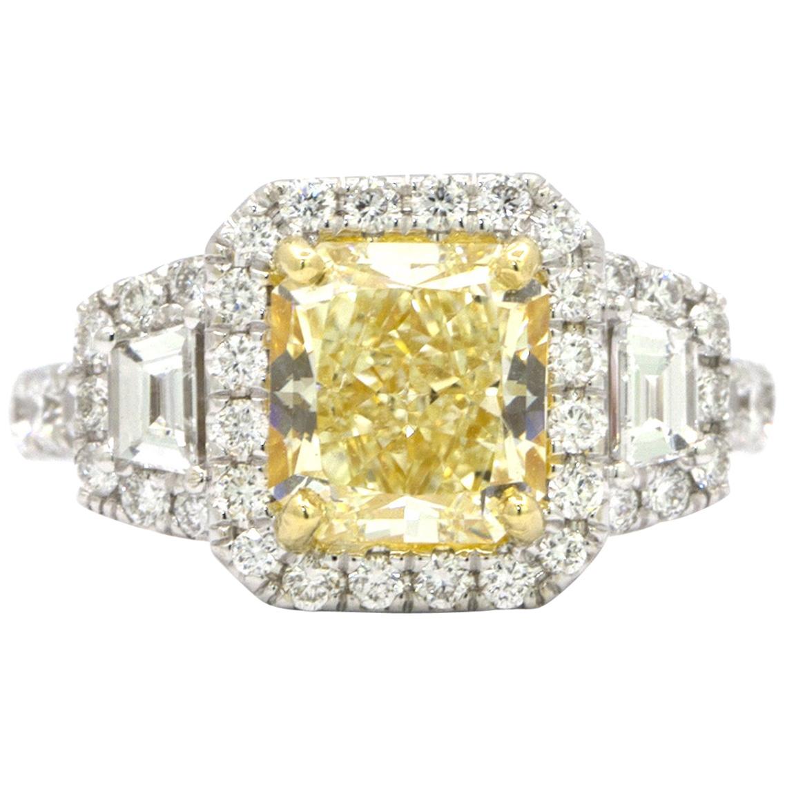 GIA Certified 2.39 Carat Fancy Yellow Radiant Cut Diamond Ring
