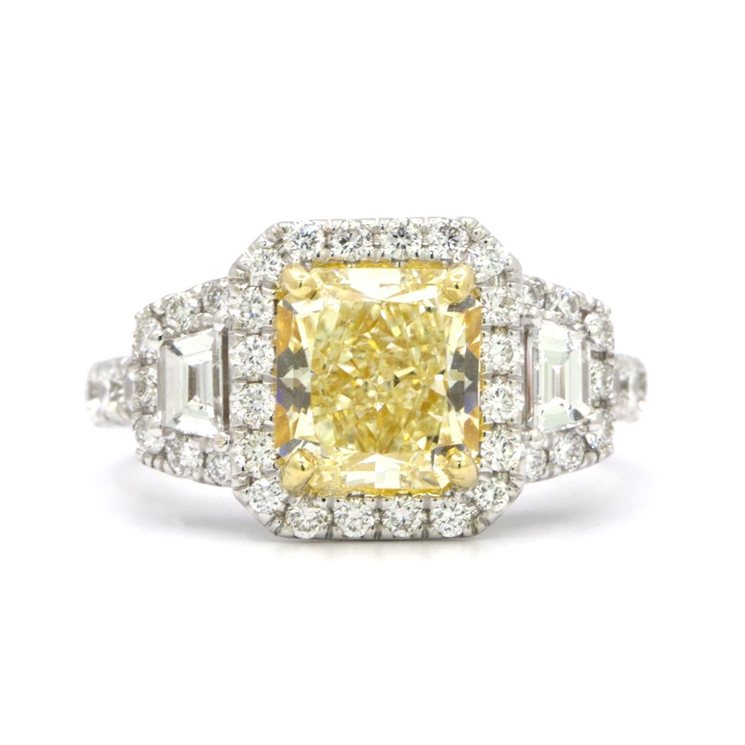 Women's GIA Certified 2.39 Carat Fancy Yellow Radiant Cut Diamond Ring