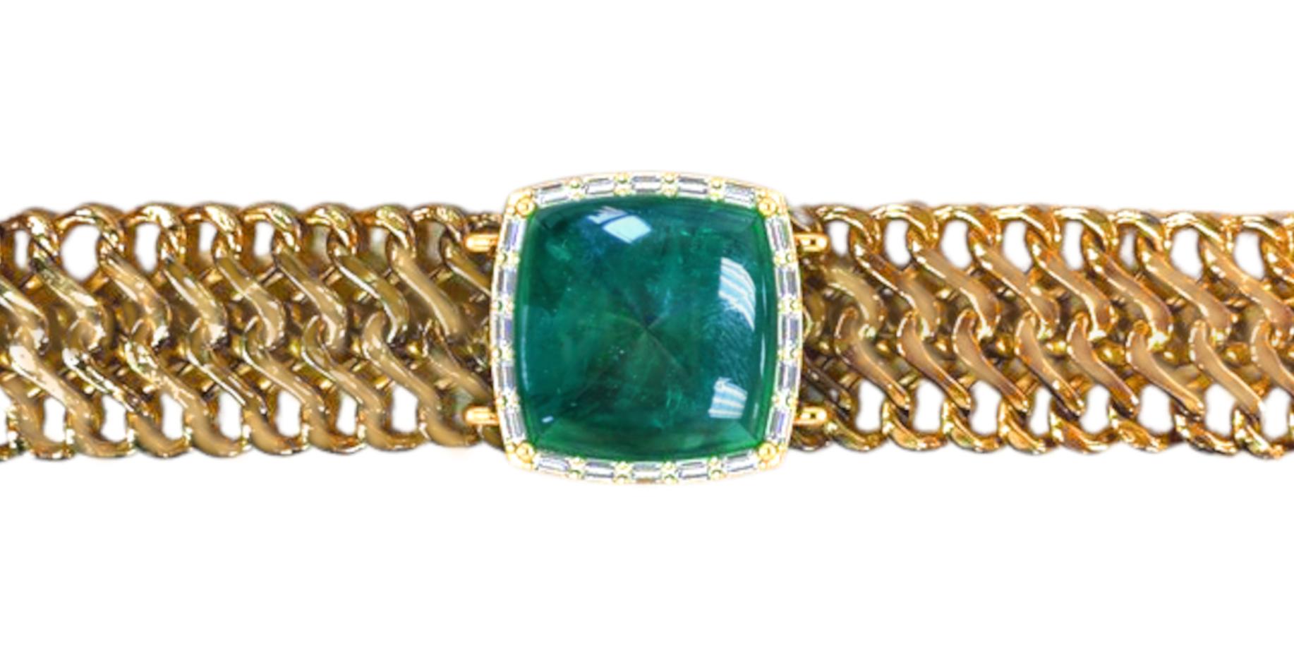 Women's or Men's GIA Certified 23.90 Carat Sugarloaf Emerald 18 Carat Gold Diamond Bracelet For Sale