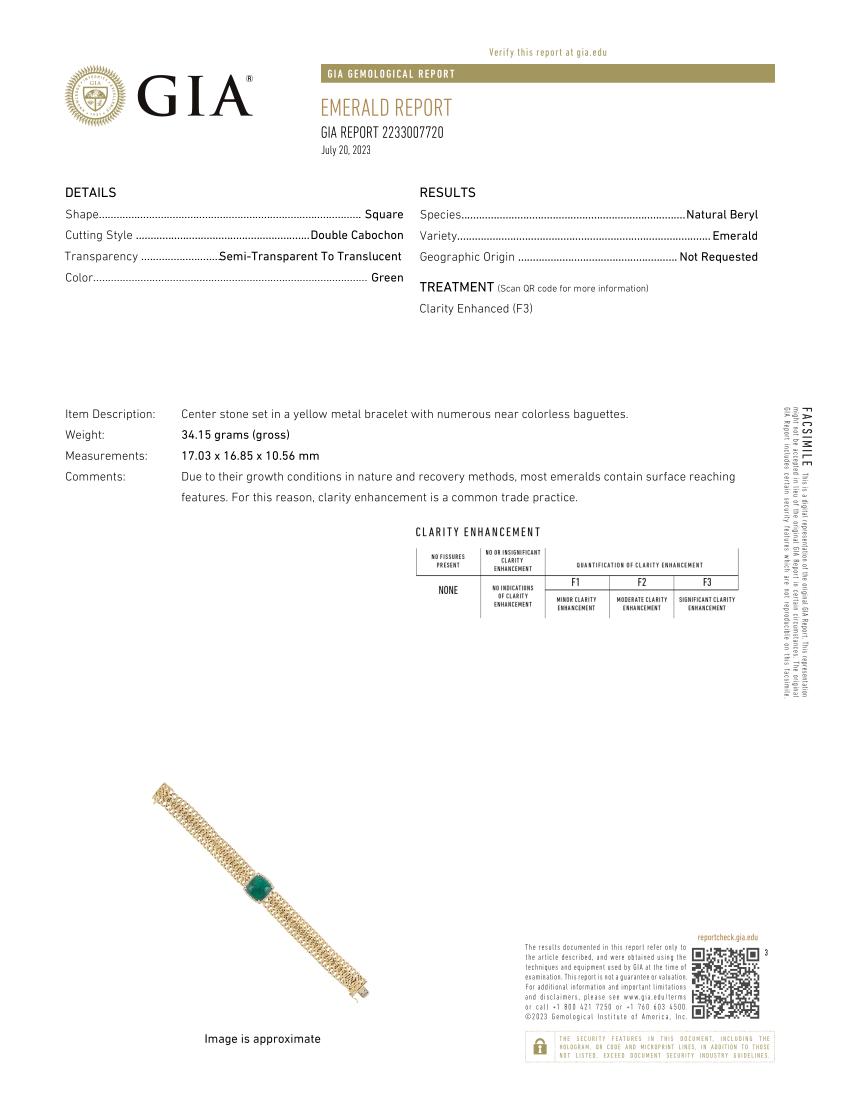 GIA Certified 23.90 Carat Sugarloaf Emerald 18 Carat Gold Diamond Bracelet For Sale 4