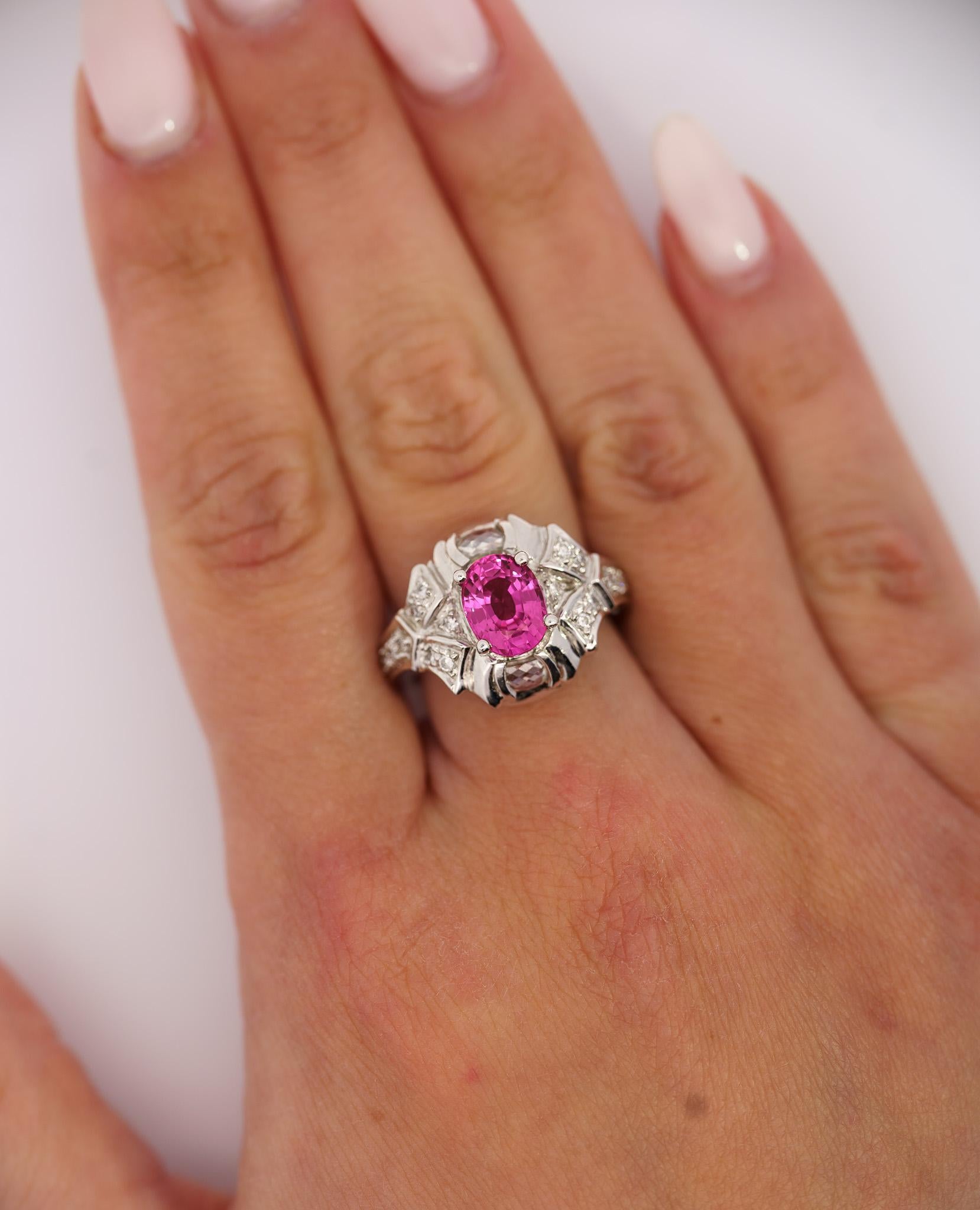 Contemporary GIA Certified 2.4 Carat No Heat Pink Sapphire & Briolette Diamond Platinum Ring For Sale