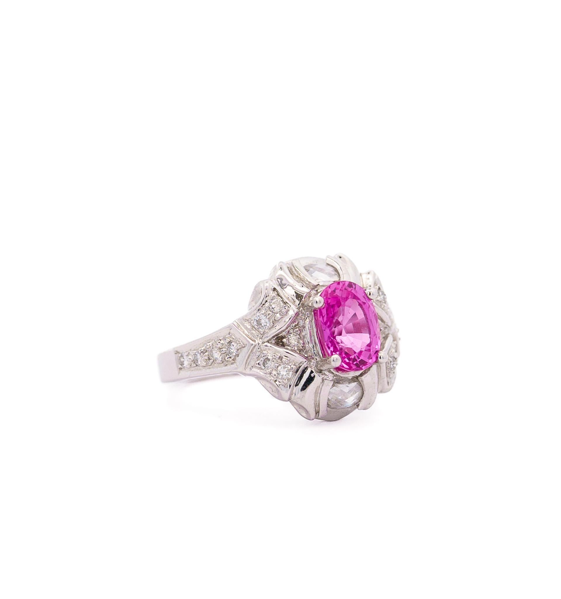 Brilliant Cut GIA Certified 2.4 Carat No Heat Pink Sapphire & Briolette Diamond Platinum Ring For Sale
