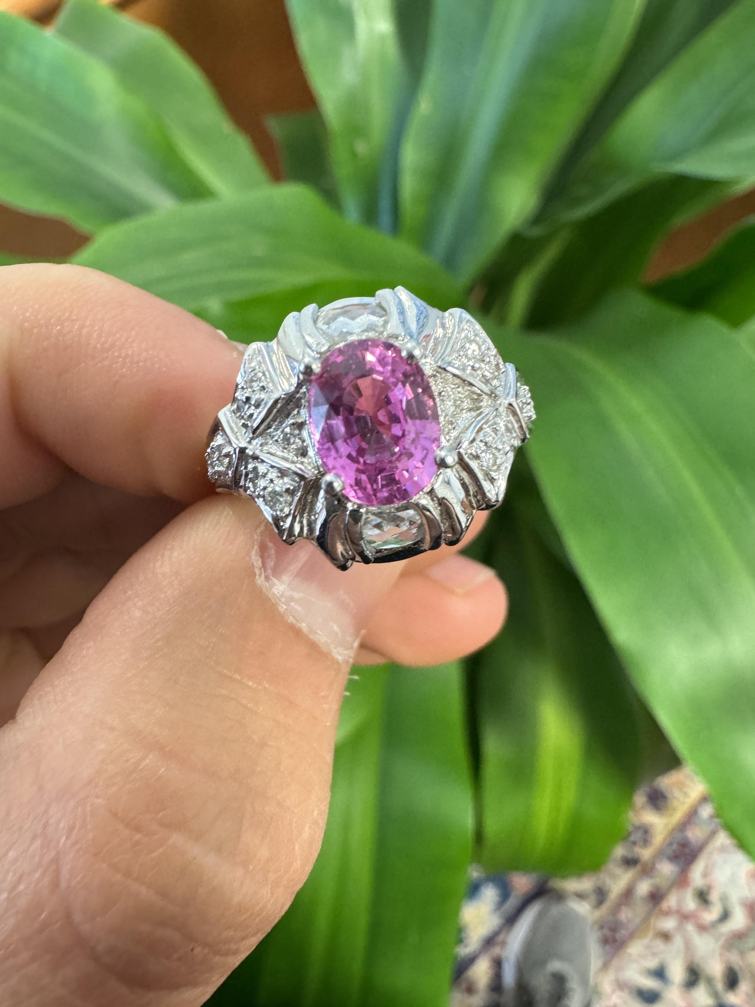GIA Certified 2.4 Carat No Heat Pink Sapphire & Briolette Diamond Platinum Ring In New Condition For Sale In Miami, FL