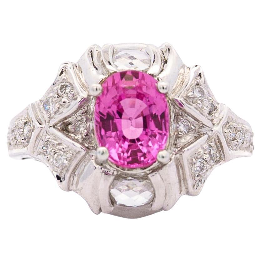 GIA Certified 2.4 Carat No Heat Pink Sapphire & Briolette Diamond Platinum Ring For Sale