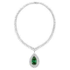 GIA Certified 24 Carat Pear Cut Green Emerald Diamond Necklace