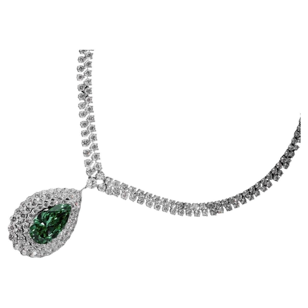 GIA Certified 24 Carat Pear Cut Green Emerald Diamond Necklace In New Condition For Sale In Chicago, IL