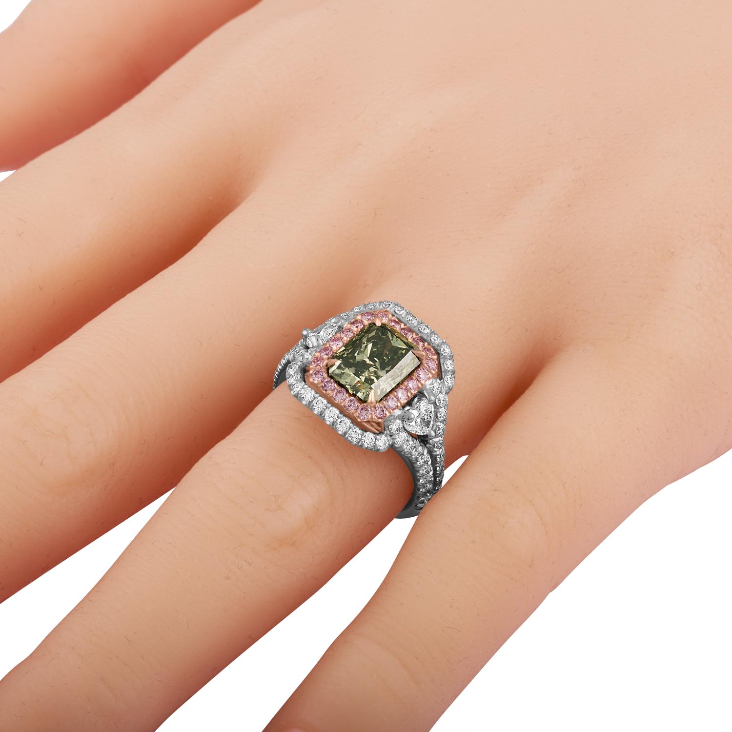 Contemporary GIA Certified 2.40 Carat Fancy Deep Grayish Yellowish Green Radiant Ring For Sale