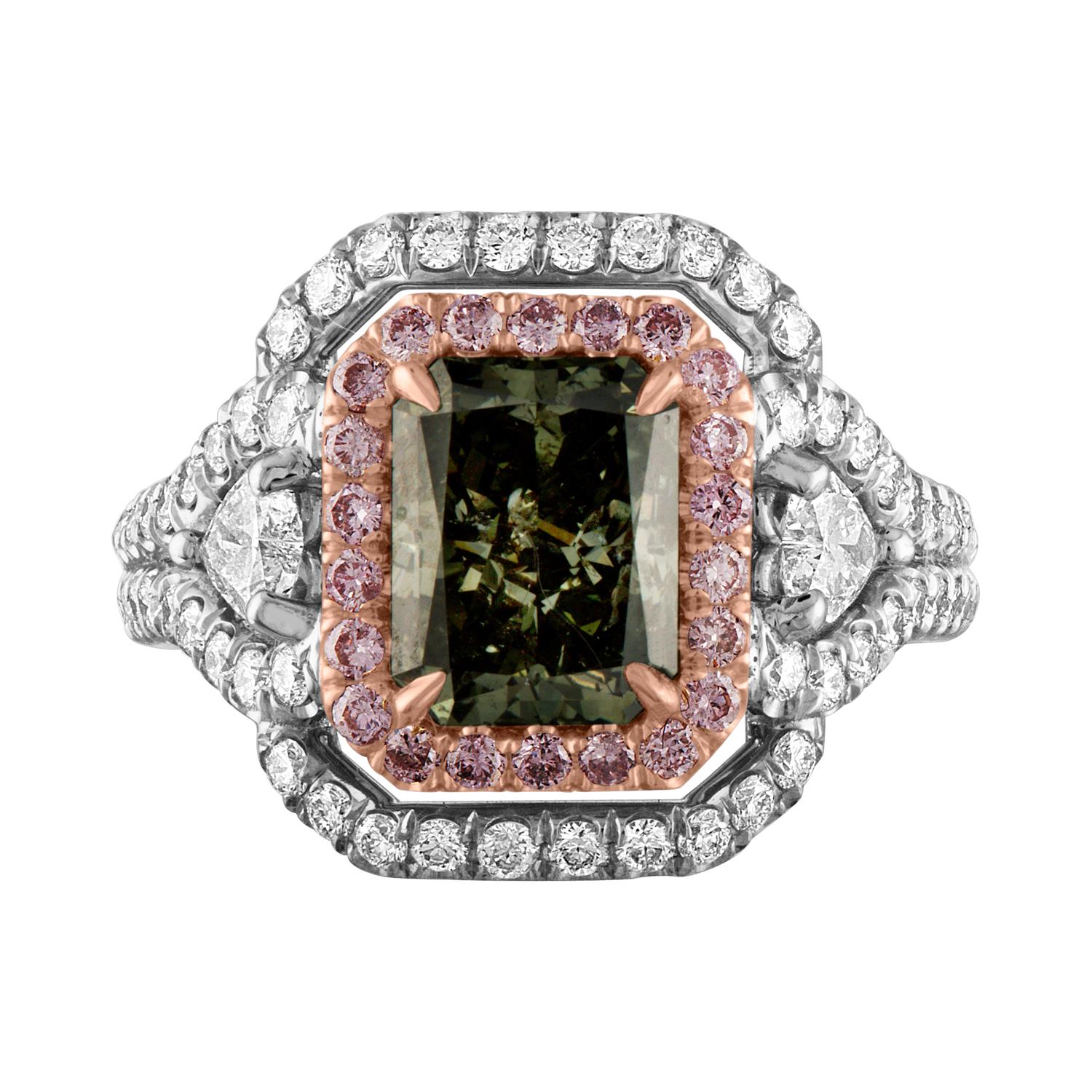 GIA Certified 2.40 Carat Fancy Deep Grayish Yellowish Green Radiant Ring For Sale