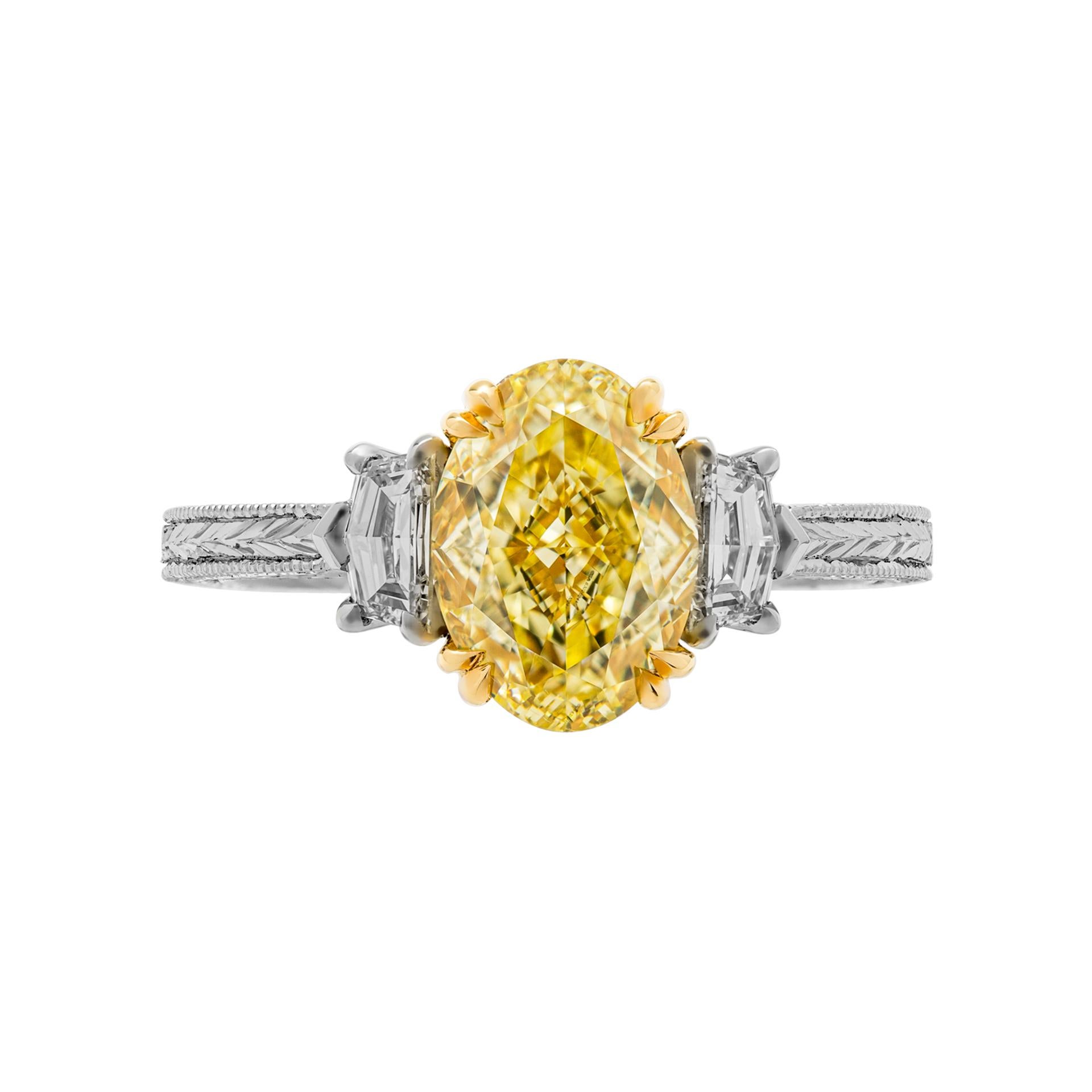 GIA Certified 2.40 Carat Fancy Yellow Oval Cut Three-Stone Ring 2
