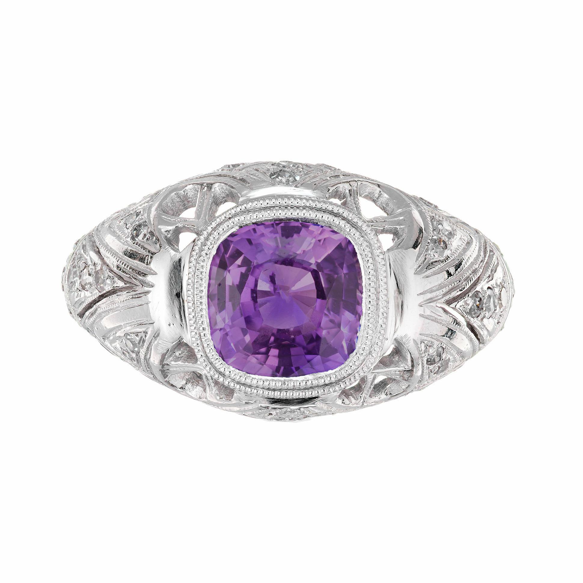 1920's Art Deco Natural purple and diamond engagement ring. GIA certified cushion cut center sapphire,  no heat, in a platinum open work domed setting with 32 old European cut accent diamonds.  

1 cushion cut purple Sapphire, approx. total weight
