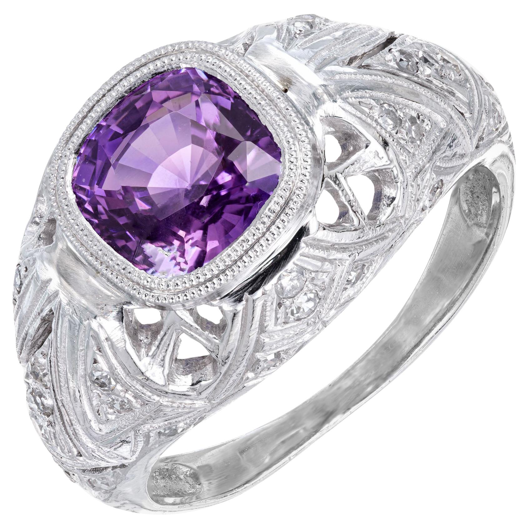 14K White Gold Purple Amethyst and Diamond Halo Ring
