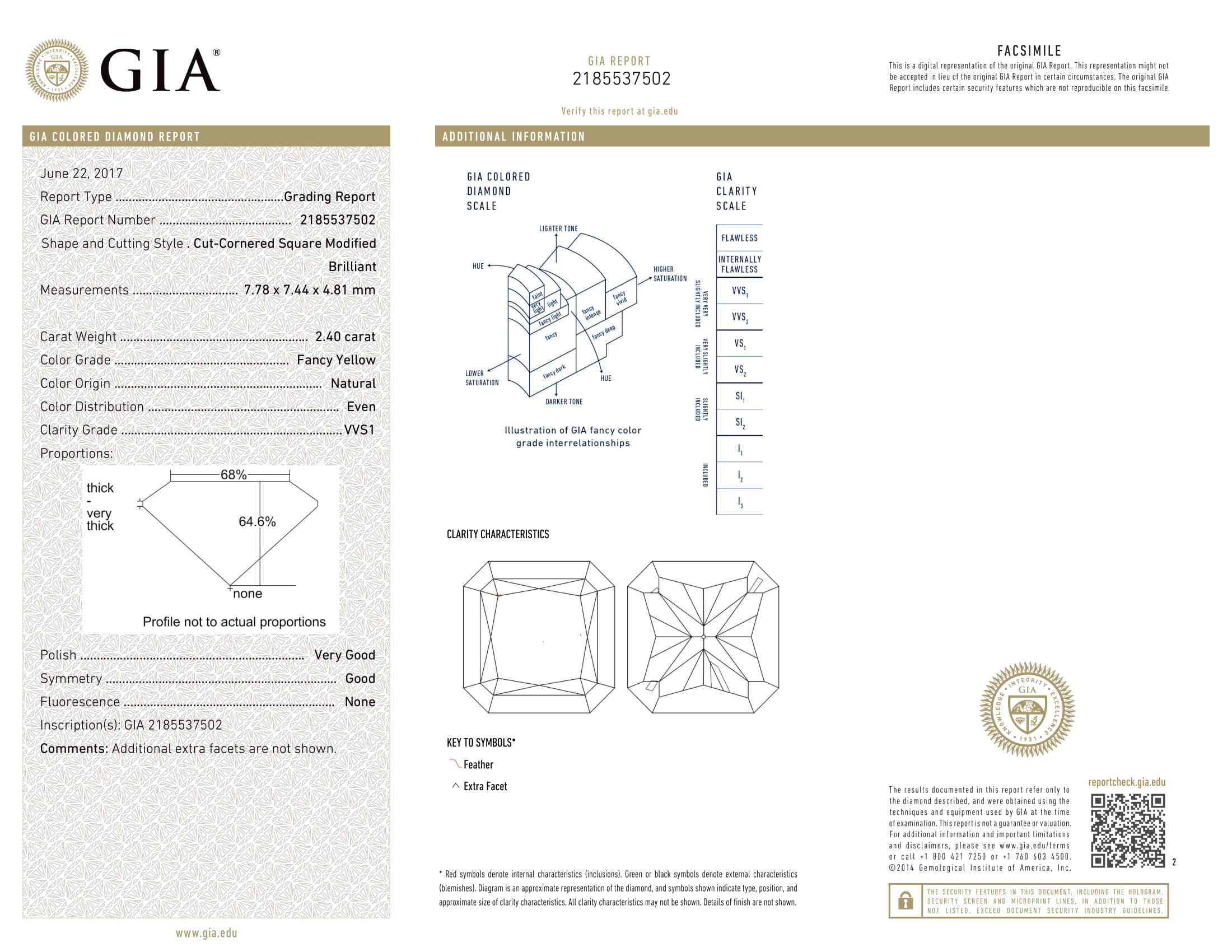 GIA Certified 2.40 Carat Radiant Cut Yellow Diamond Ring For Sale 1