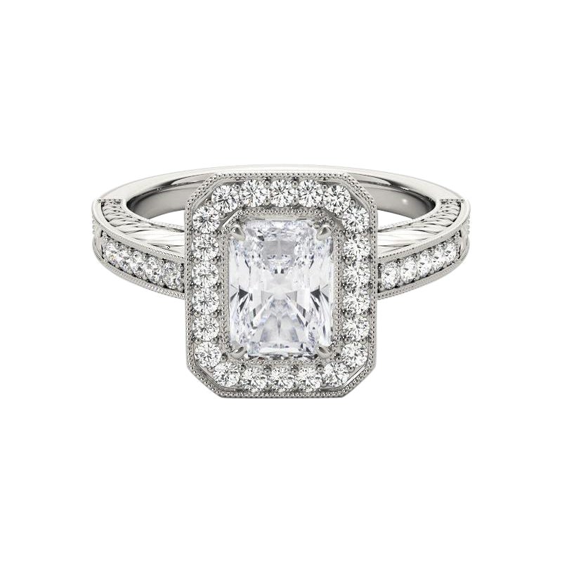 GIA zertifiziert 2,40 Karat Radiant Halo graviert Openwork Platin Diamantring