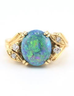 GIA Certified 2.40ct Natural Black Opal & Diamond Ring 14K Yellow Gold