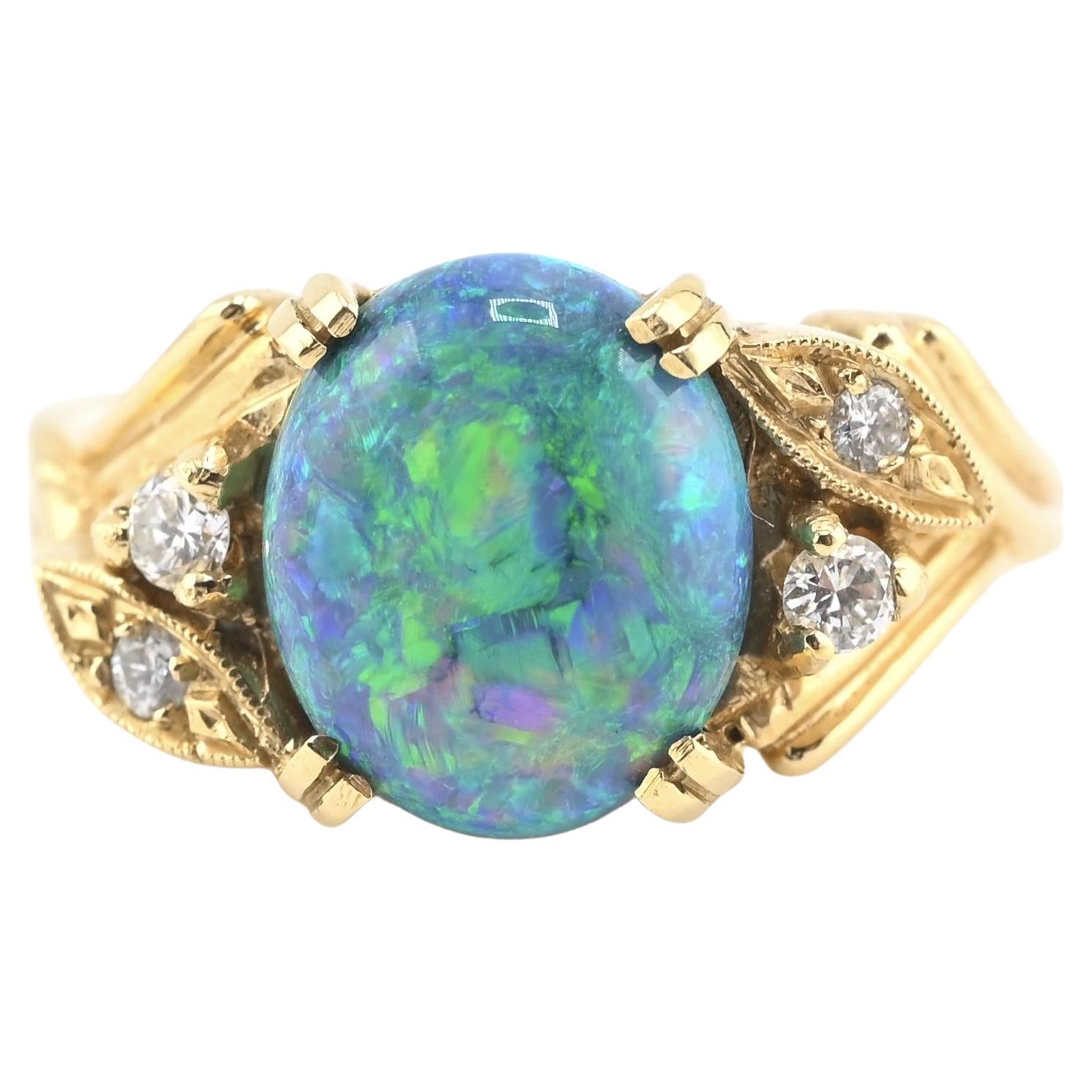 Bague en or jaune 14K certifiée GIA 2,40ct Opale noire naturelle et diamant