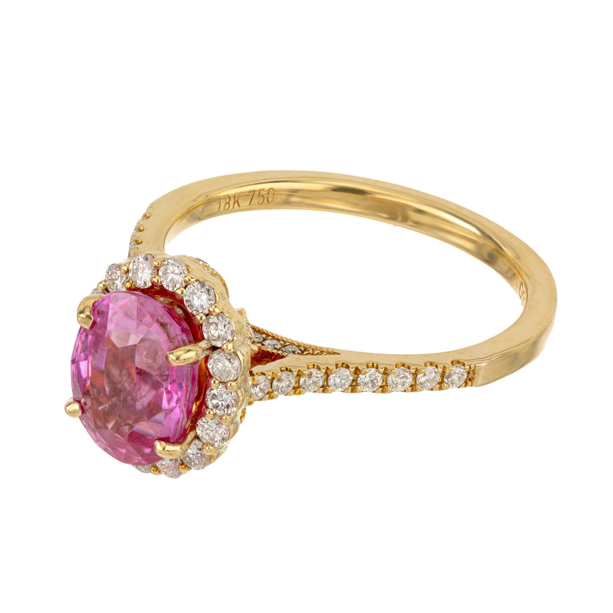 GIA Certified 2.41 Carat Pink Sapphire White Diamond Halo Gold Engagement Ring In Excellent Condition For Sale In Stamford, CT