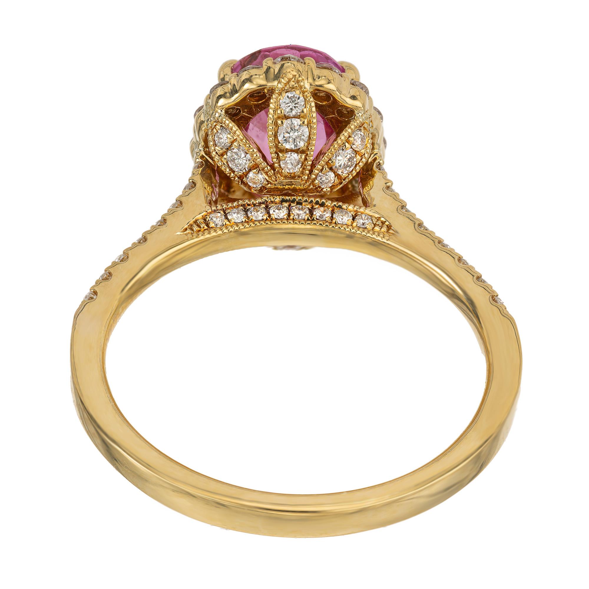 GIA Certified 2.41 Carat Pink Sapphire White Diamond Halo Gold Engagement Ring For Sale 1