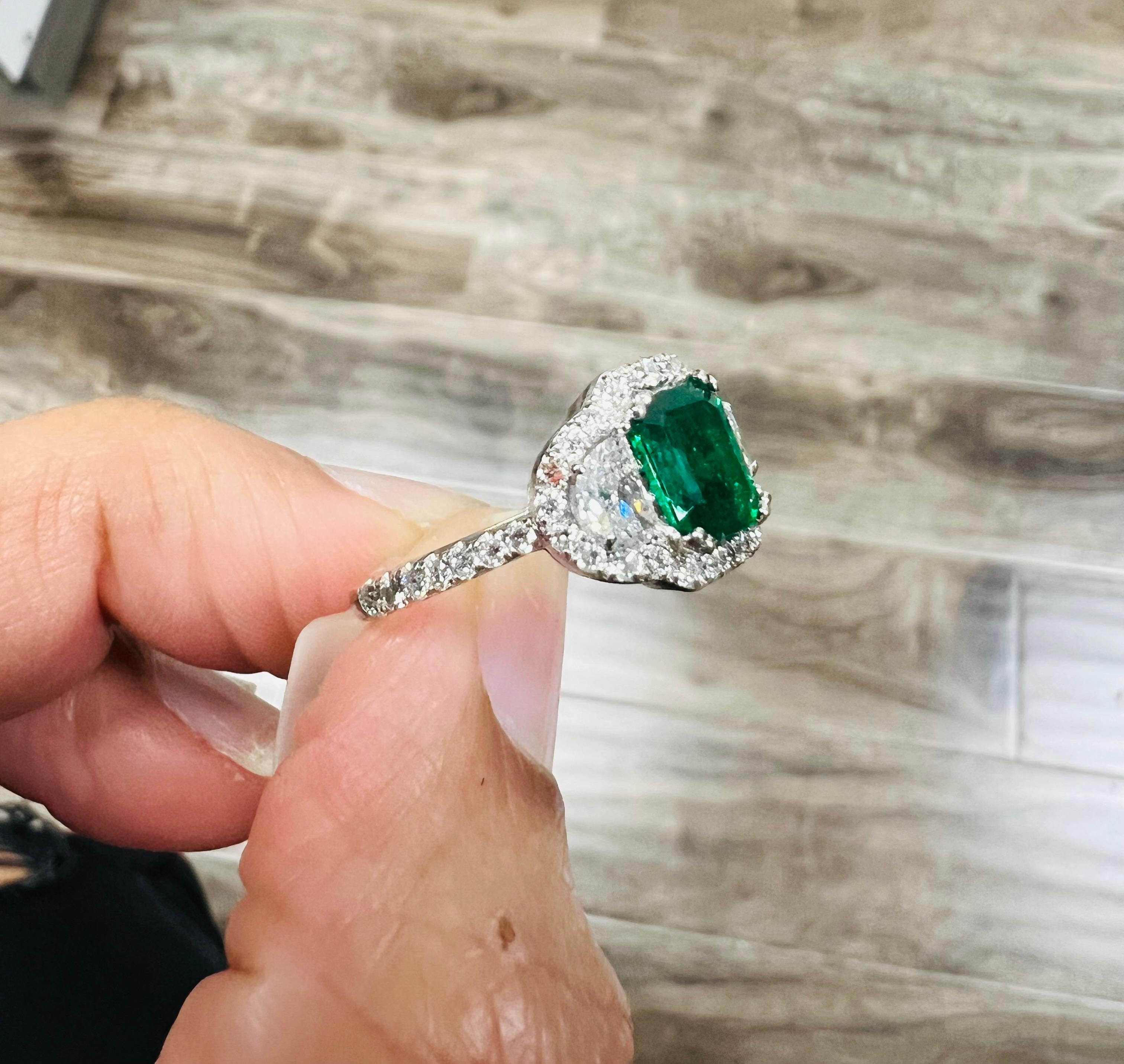 GIA Certified 2.42 Carat Emerald Diamond 18 Karat White Gold Three Stone Ring For Sale 4
