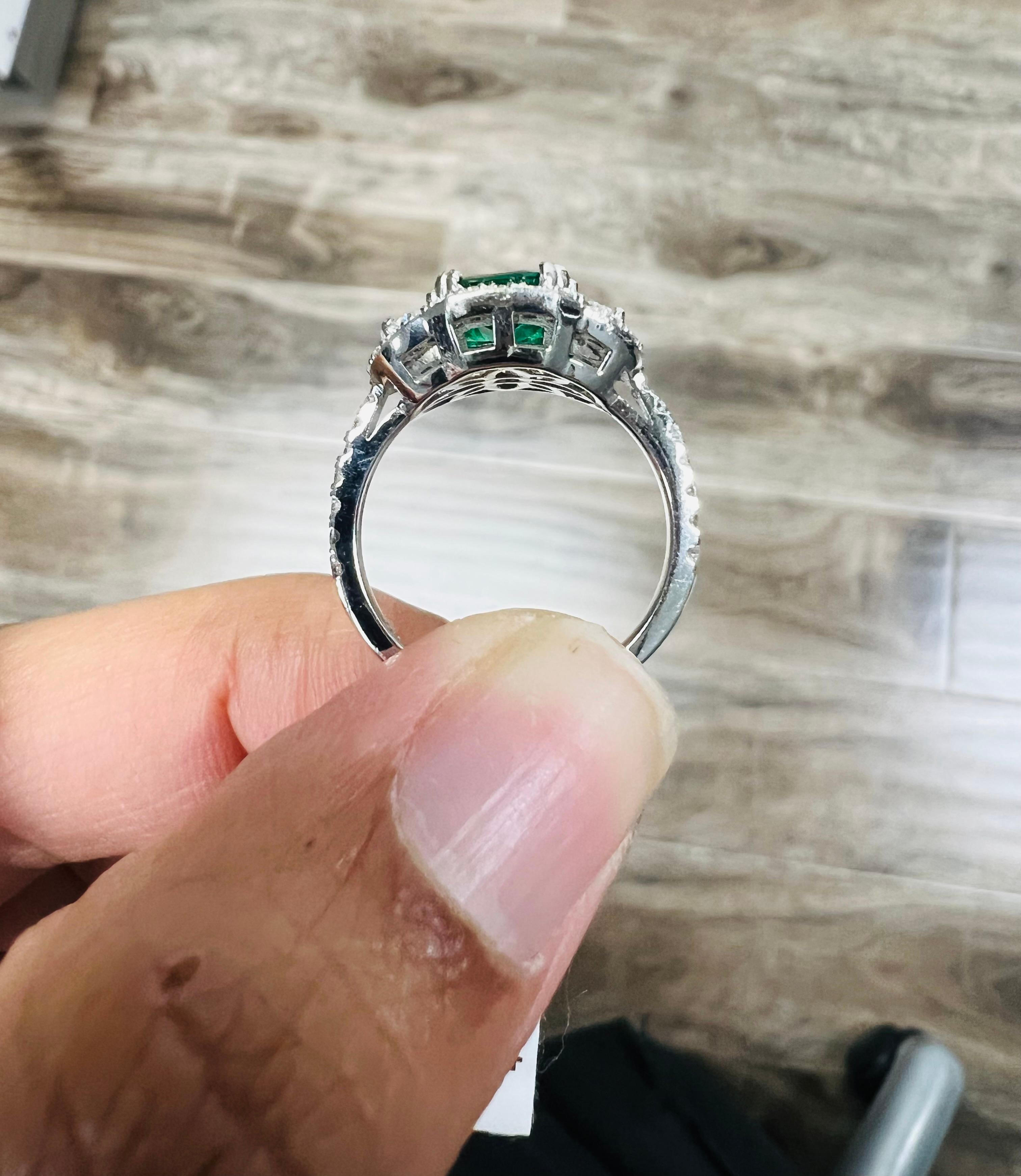 GIA Certified 2.42 Carat Emerald Diamond 18 Karat White Gold Three Stone Ring For Sale 5