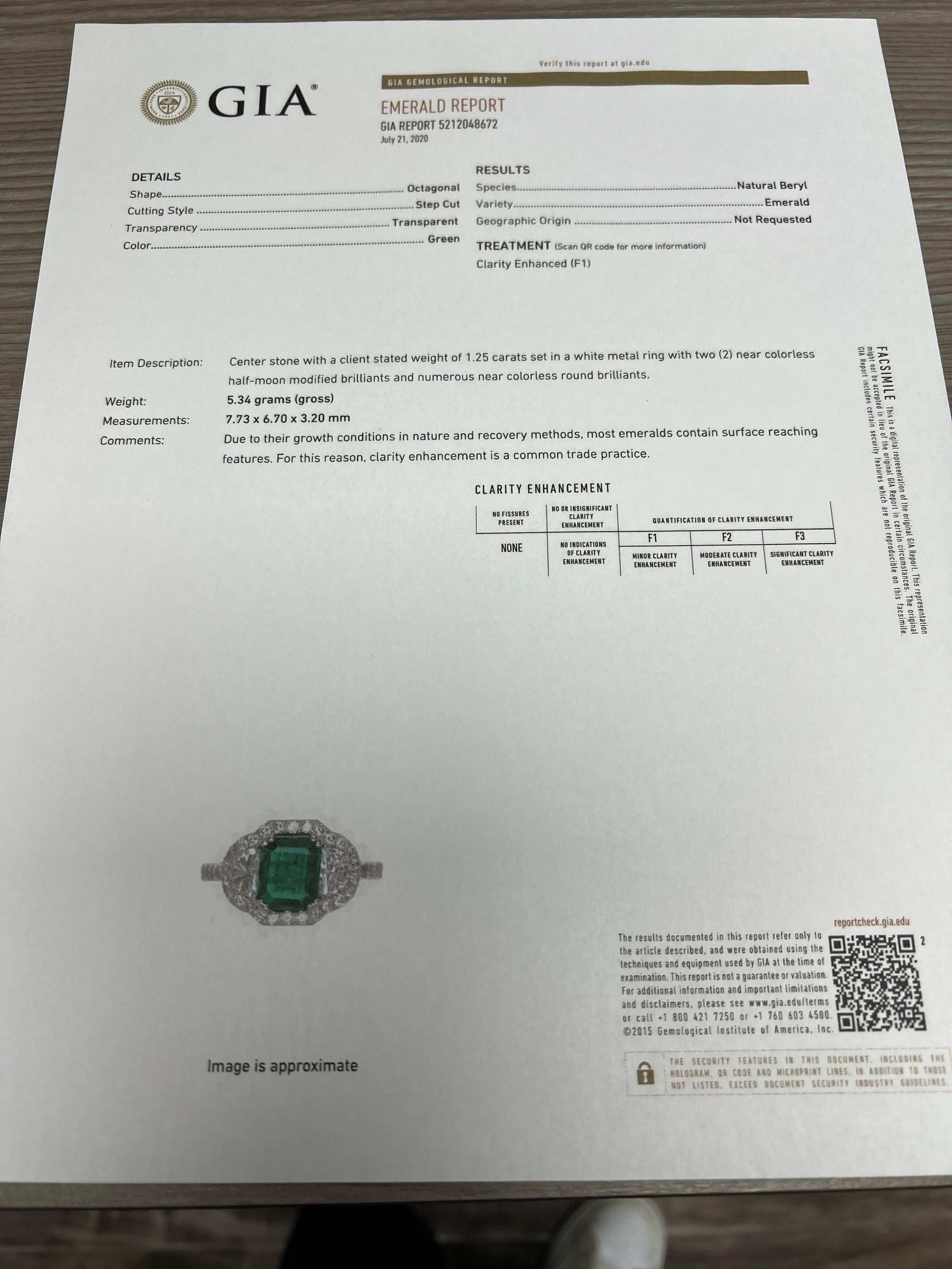 GIA Certified 2.42 Carat Emerald Diamond 18 Karat White Gold Three Stone Ring For Sale 7