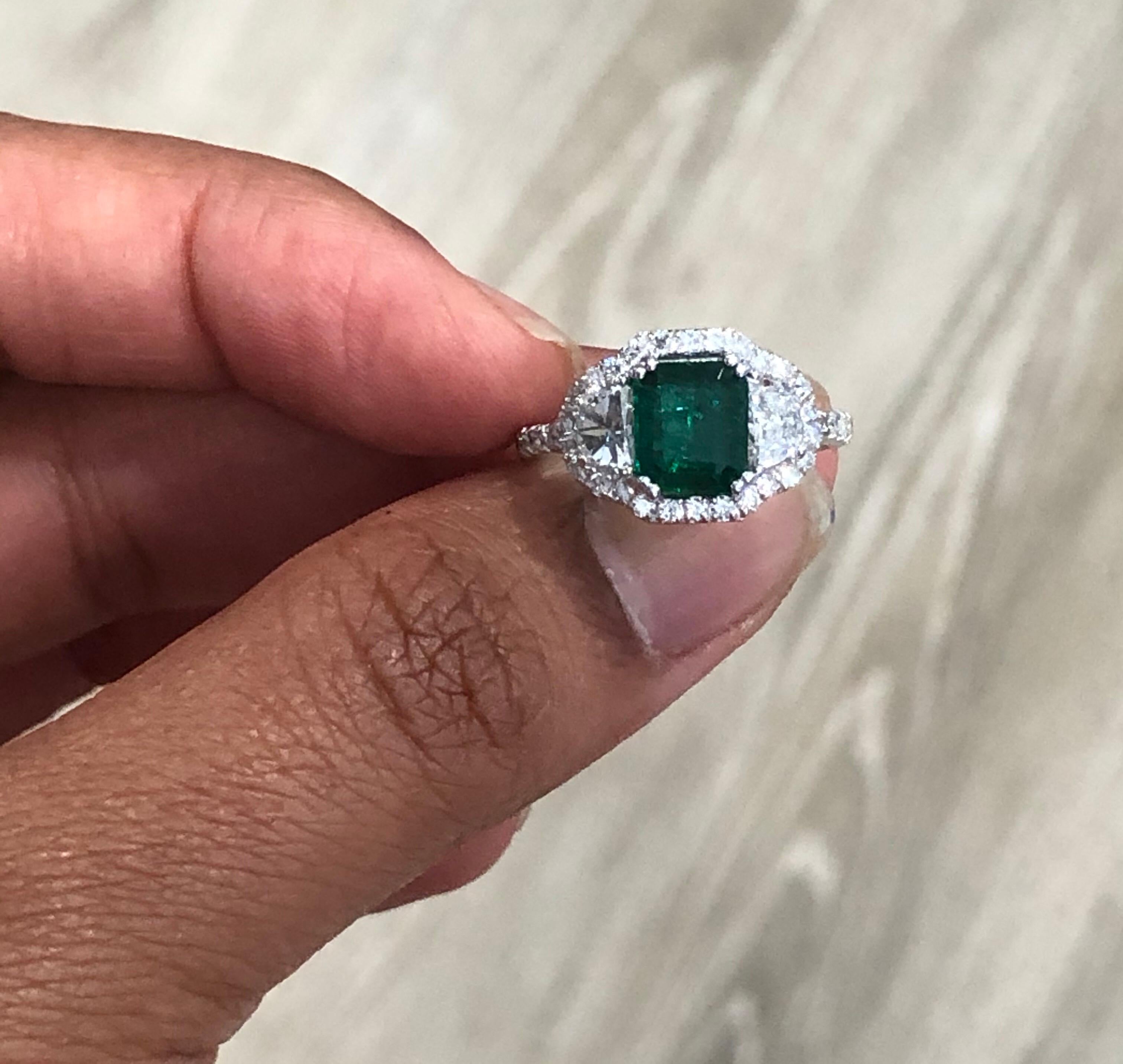 GIA Certified 2.42 Carat Emerald Diamond 18 Karat White Gold Three Stone Ring For Sale 1
