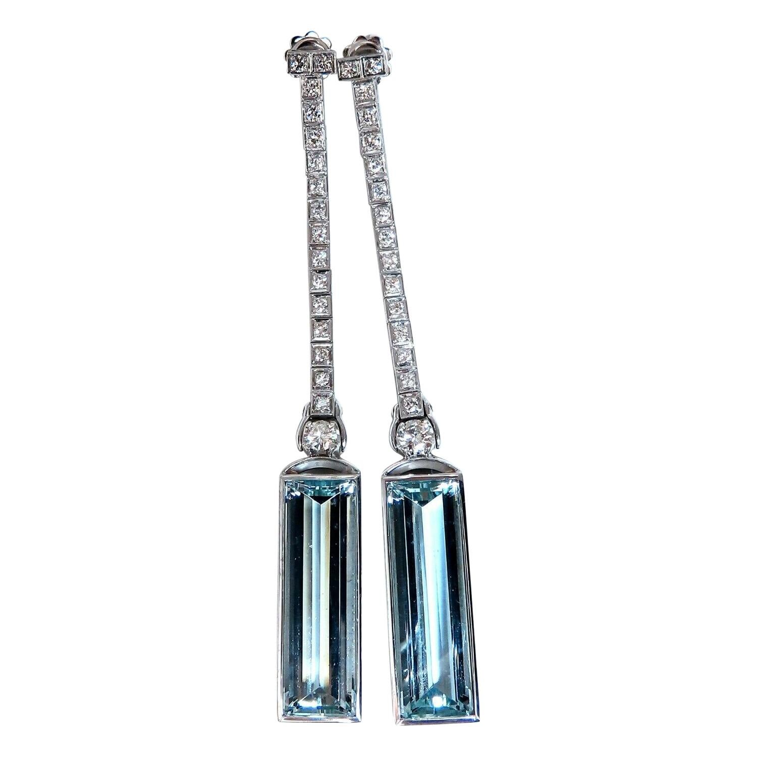 GIA Certified 24.20 Carat Natural Aquamarine Diamonds Long Dangle Earrings 14kt For Sale