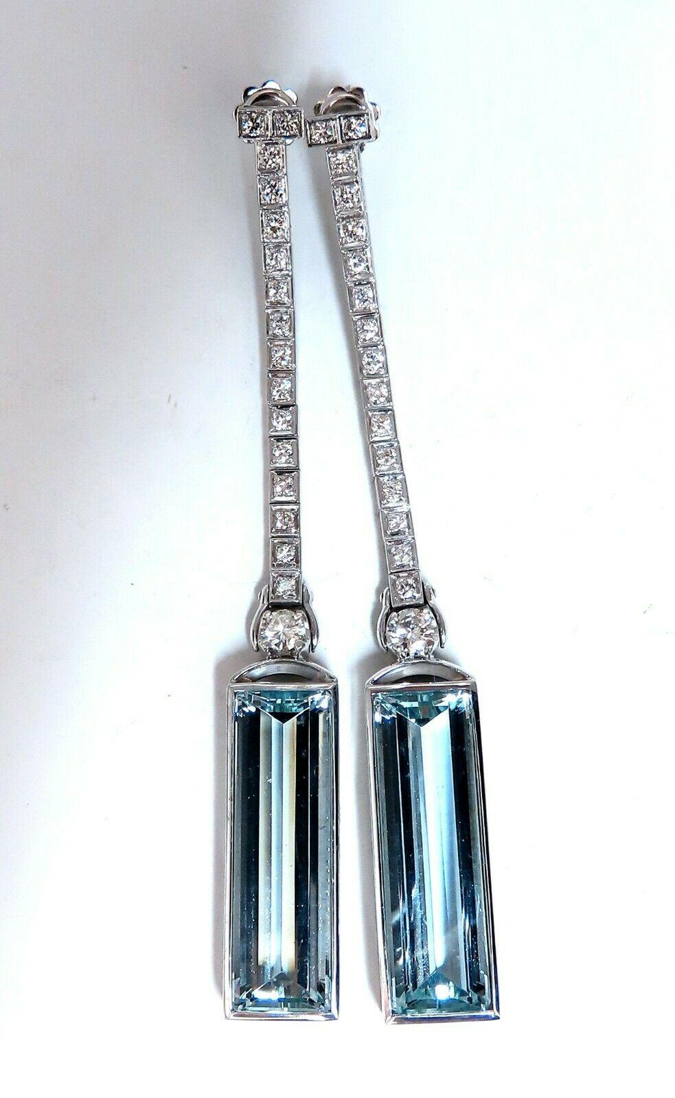 Emerald Cut GIA Certified 24.20 Carat Natural Aquamarine Diamonds Long Dangle Earrings 14kt For Sale
