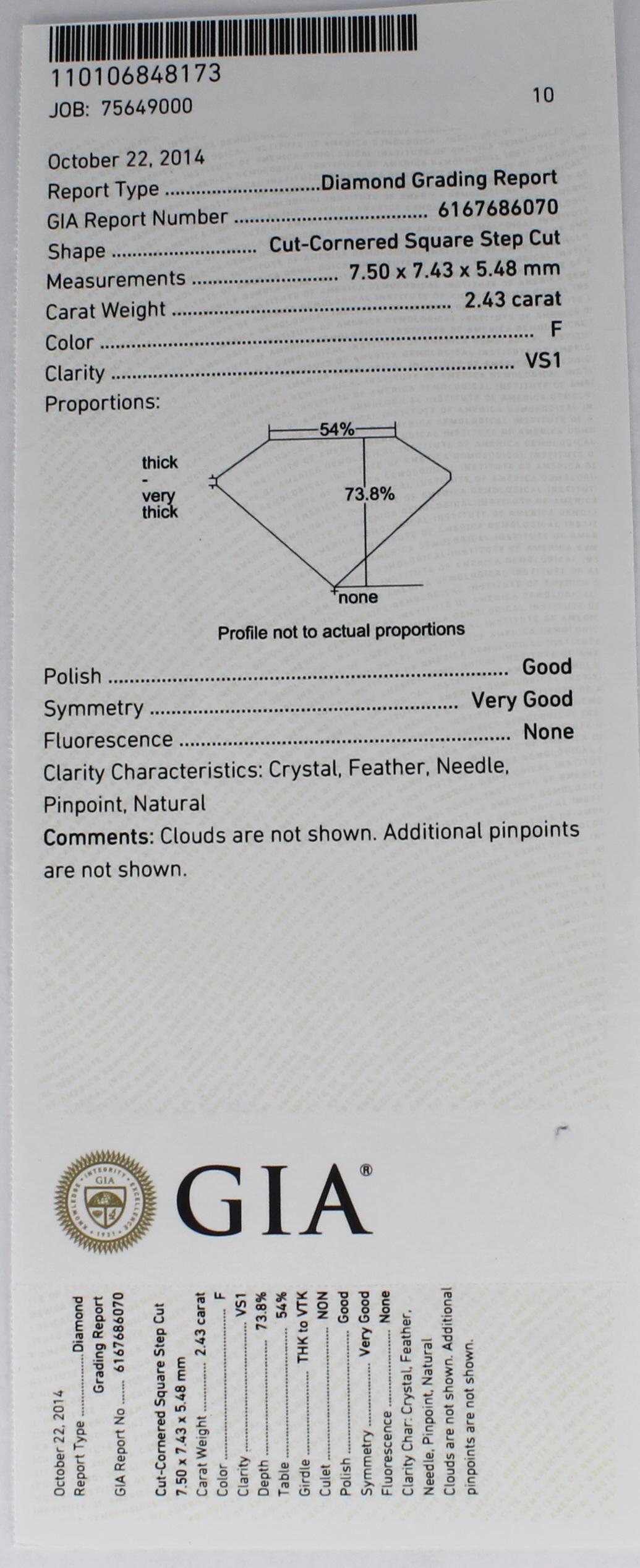 GIA Certified 2.43 Carat Asscher Cut Diamond VS1 F color set in18 karat Platinum For Sale 4