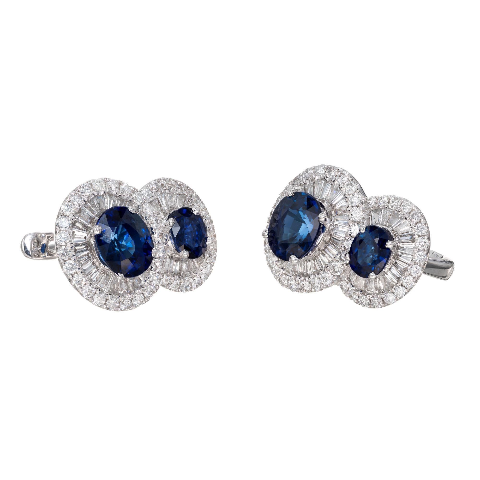 Mid-century Royal blue Sapphire and diamond earrings.  18k white gold lever back settings, 4 oval sapphires with halos of round and baguette diamonds. 

4 oval gem Royal blue Sapphires, approx. total weight 2.43cts, VS, natural corundum, simple heat