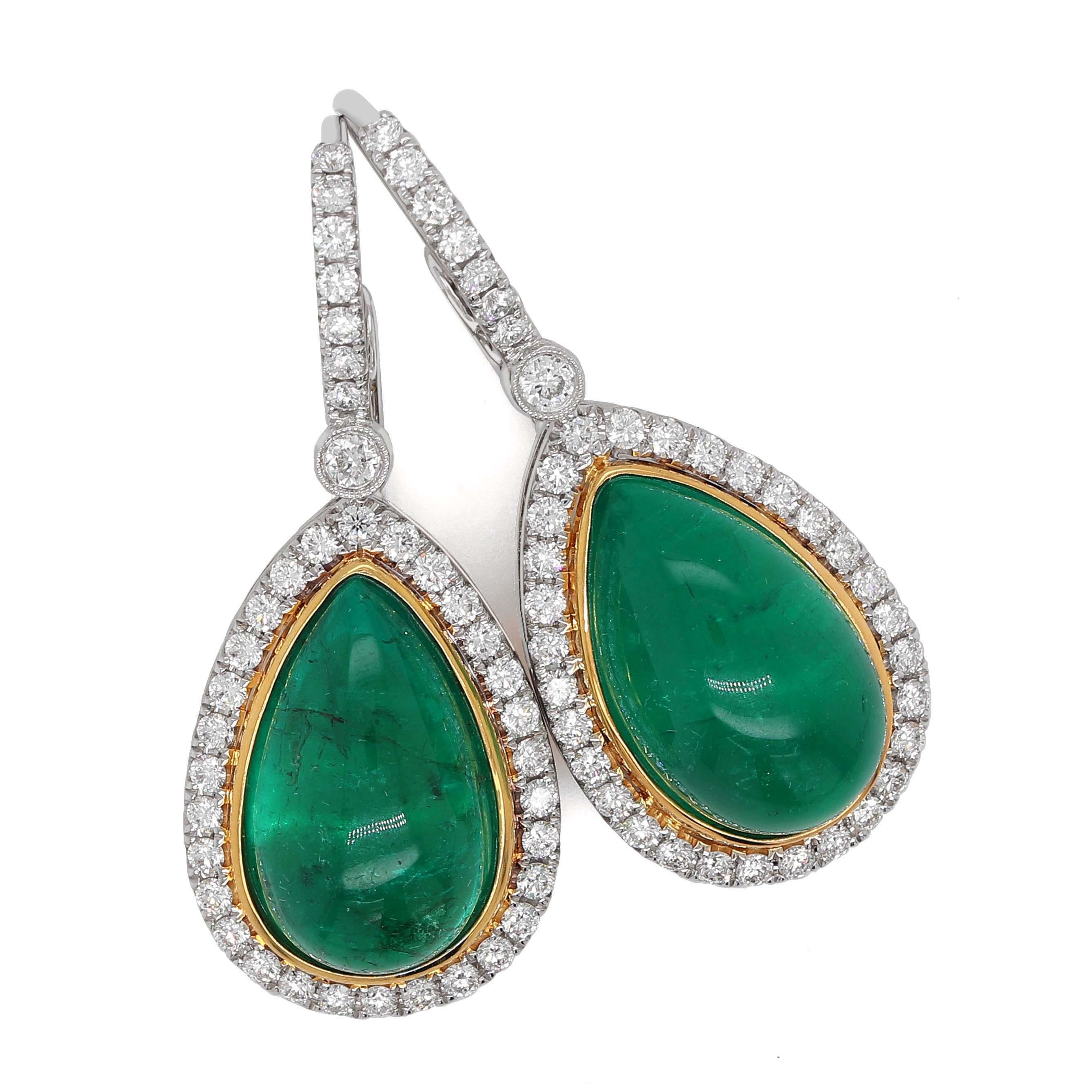 GIA Certified 24.35 Carats Cabochon Emerald and Diamond Earrings In New Condition For Sale In Houston, TX
