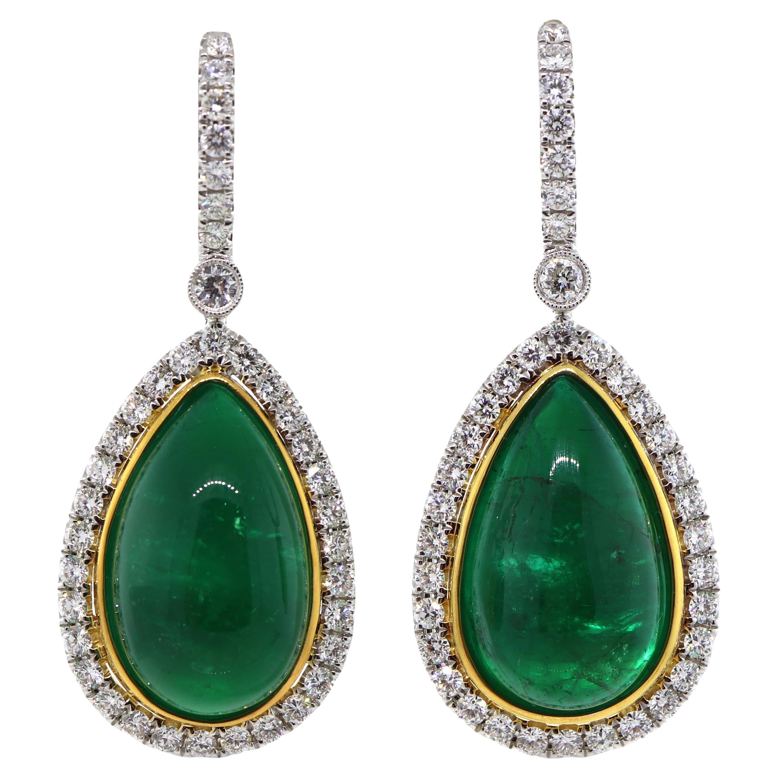 GIA Certified 24.35 Carats Cabochon Emerald and Diamond Earrings For Sale