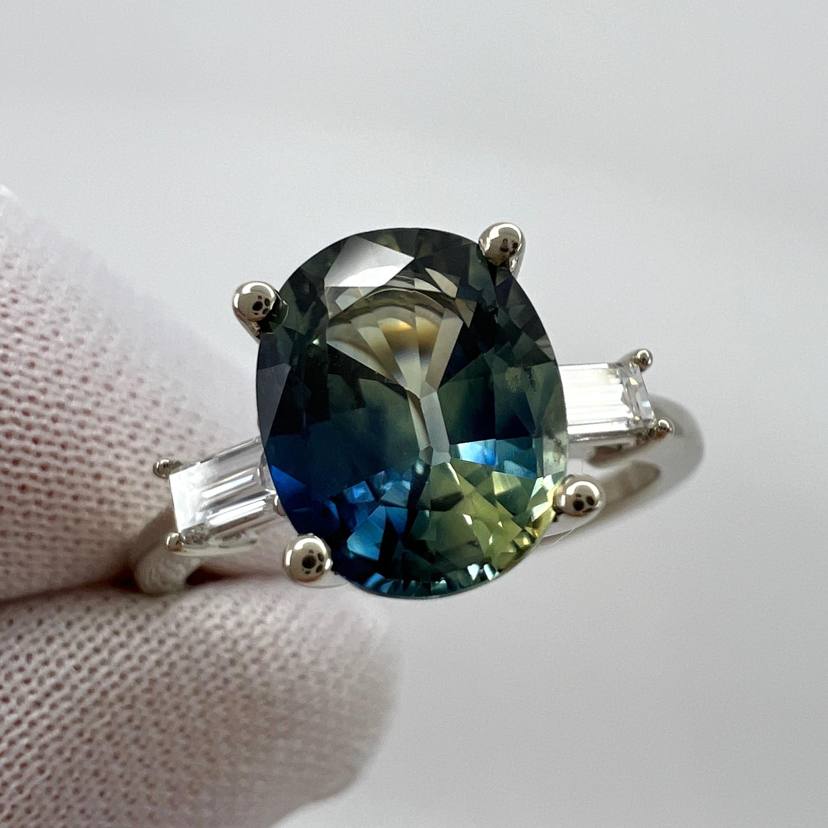 Natural Bi Colour Untreated Sapphire & Diamond 18k White Gold Three Stone Ring.

Rare GIA Certified 2.43 carat natural sapphire with a unique blue & yellow bi colour effect. Very rare and stunning to see, similarly seen in ametrine and watermelon