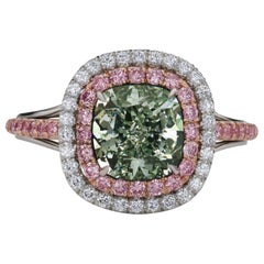 GIA Certified 2.44 Carat Cushion Cut Natural Fancy Green Diamond Platinum Ring GIA Certified 2.44 Carat Cushion Cut Natural Fancy Green Diamond Platinum Ring