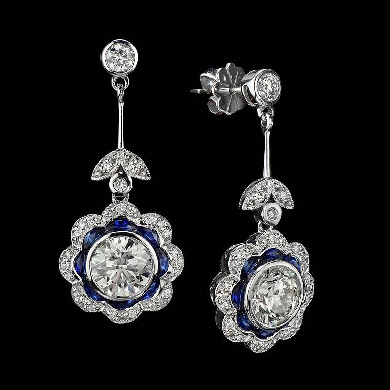 Art Deco GIA Certified 2.44 Carat Diamond Blue Sapphire Floral Drop Earrings