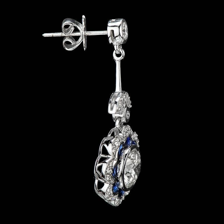 Round Cut GIA Certified 2.44 Carat Diamond Blue Sapphire Floral Drop Earrings