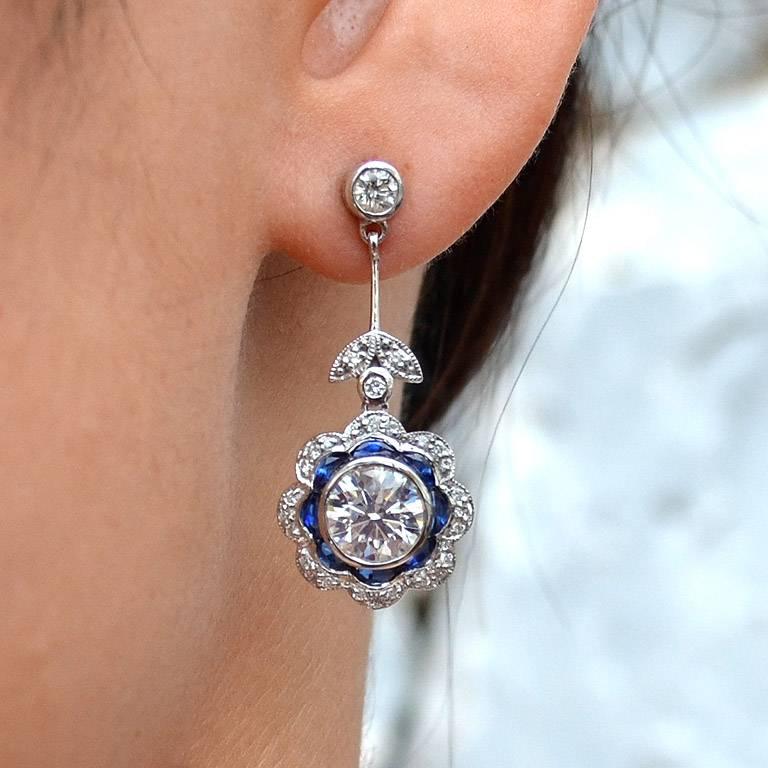 GIA Certified 2.44 Carat Diamond Blue Sapphire Floral Drop Earrings 3
