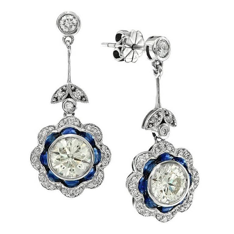 GIA Certified 2.44 Carat Diamond Blue Sapphire Floral Drop Earrings