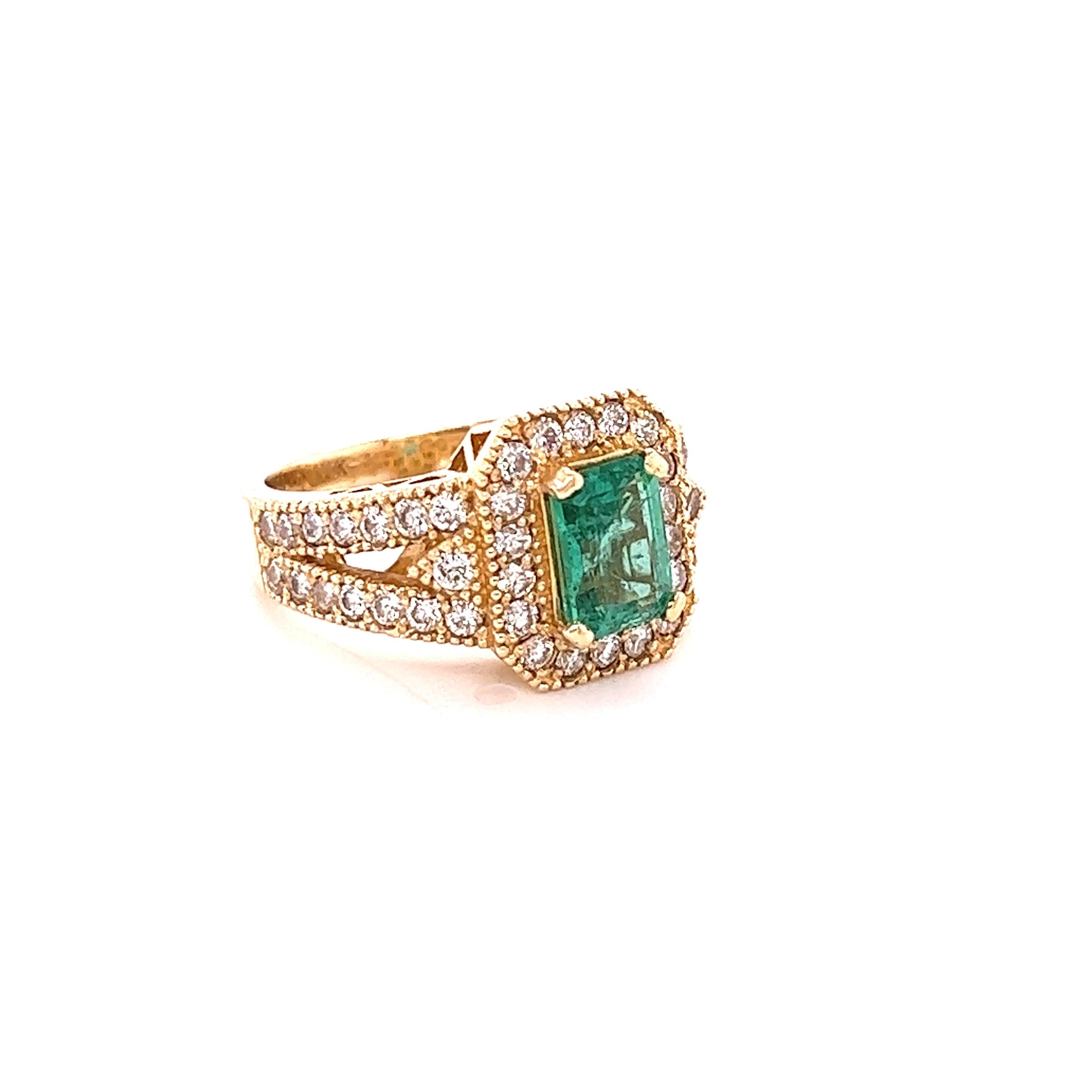 A beautiful, unique, Victorian-Inspired, 2.44 Carat Emerald and Diamond Ring in 14K Yellow Gold. 
The ring has been certified by GIA and the Certificate Number is: 5211083419
The Emerald Cut Emerald measures at 8 mm x 6 mm and weighs 1.24 Carats. It