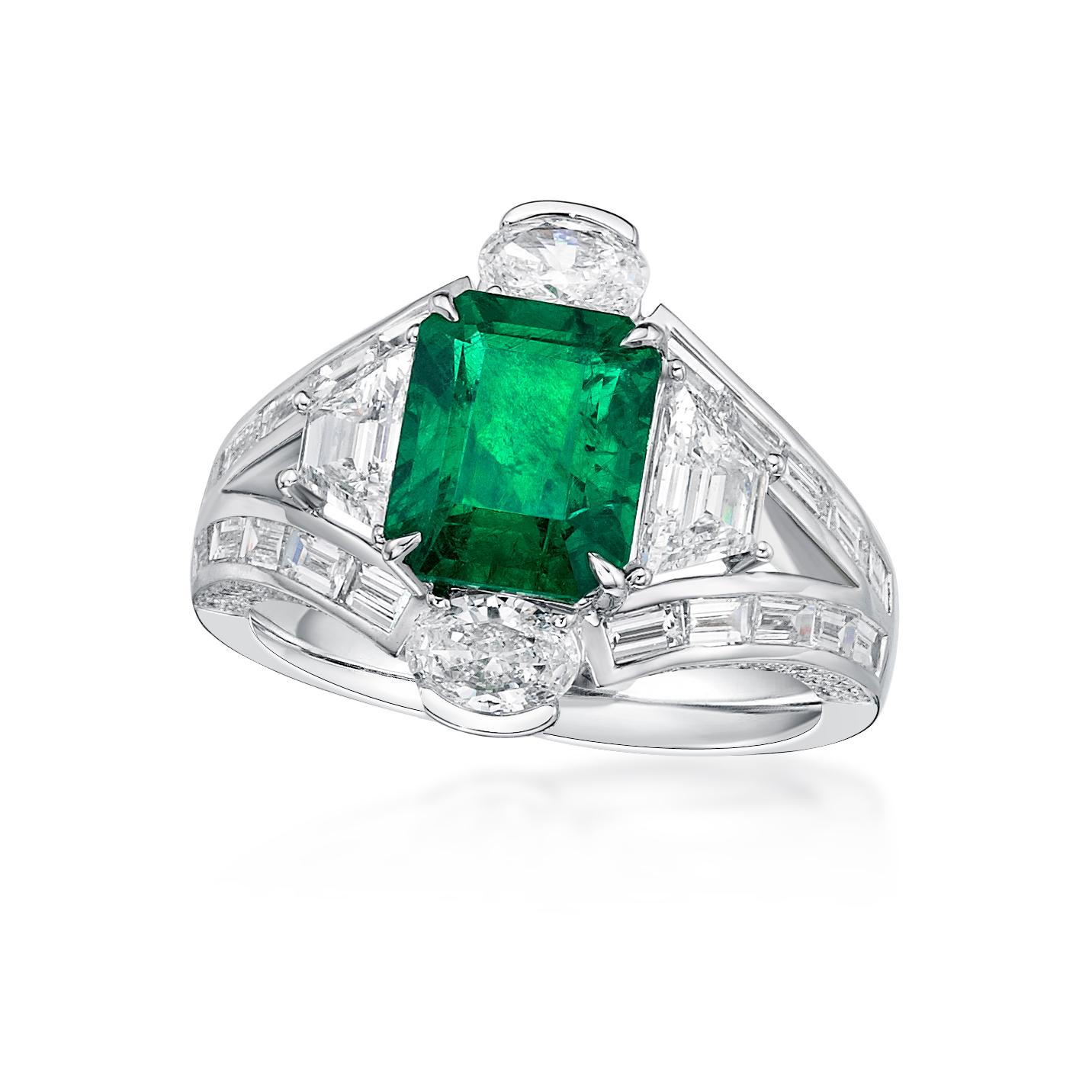 This ring presents a 2.44 carat emerald shape emerald from Zambia with white diamond, finished in white gold. 

EMERALD: 2.44CT
WHITE DIAMOND: 2.42CT /134PCS

Zambian emeralds are rising in popularity in the gemstone world. And they had a desirable