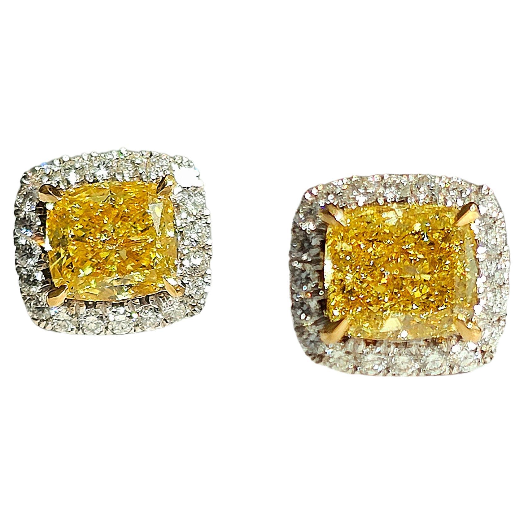 GIA Certified 2.44cts Fancy Vivid Yellow Cushion Diamond Halo Earrings 18K Gold