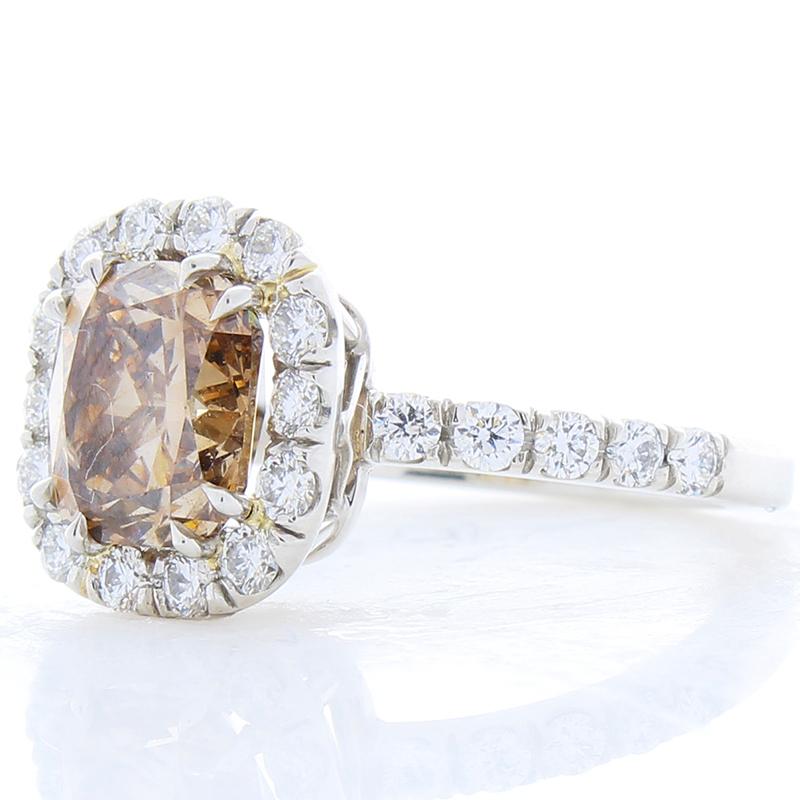GIA Certified 2.45 Carat Cushion Cut Fancy Dark Yellowish Brown Diamond Ring In New Condition In Chicago, IL