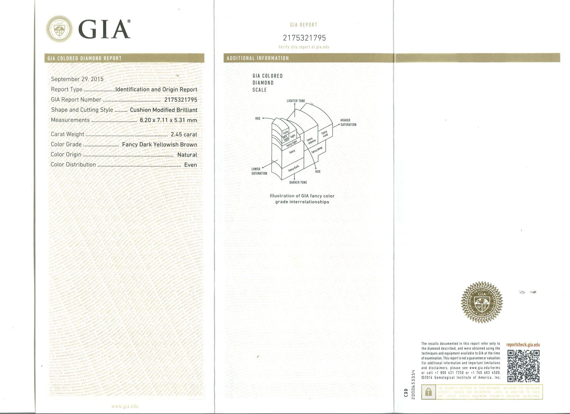 Women's GIA Certified 2.45 Carat Cushion Cut Fancy Dark Yellowish Brown Diamond Ring