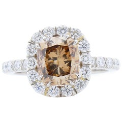 GIA Certified 2.45 Carat Cushion Cut Fancy Dark Yellowish Brown Diamond Ring