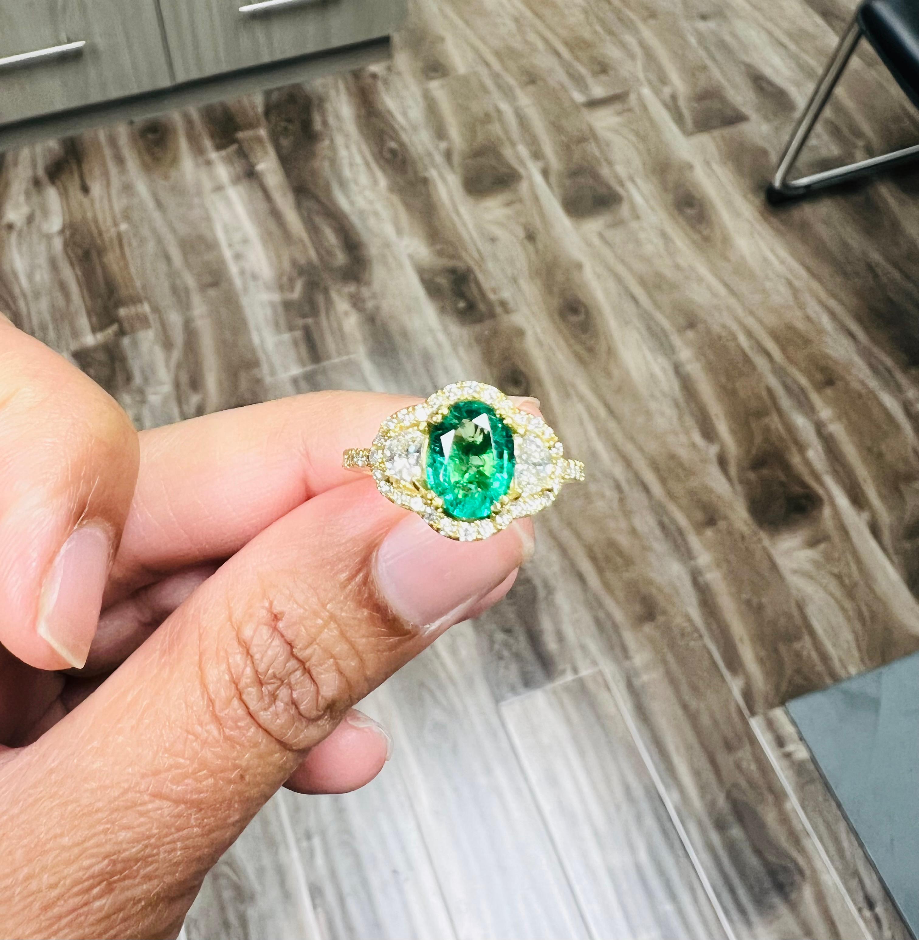 GIA Certified 2.45 Carat Emerald Diamond 18 Karat Yellow Gold Three Stone Ring For Sale 5