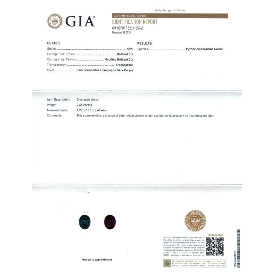 Unveil the elegance of a Natural Color Change Garnet, boasting 2.45 carats and certified by a GIA Report. The oval-shaped gem, measuring 7.77 x 6.15 x 5.68 mm, is skillfully cut in a Brilliant cut, creating a captivating play of light. Its