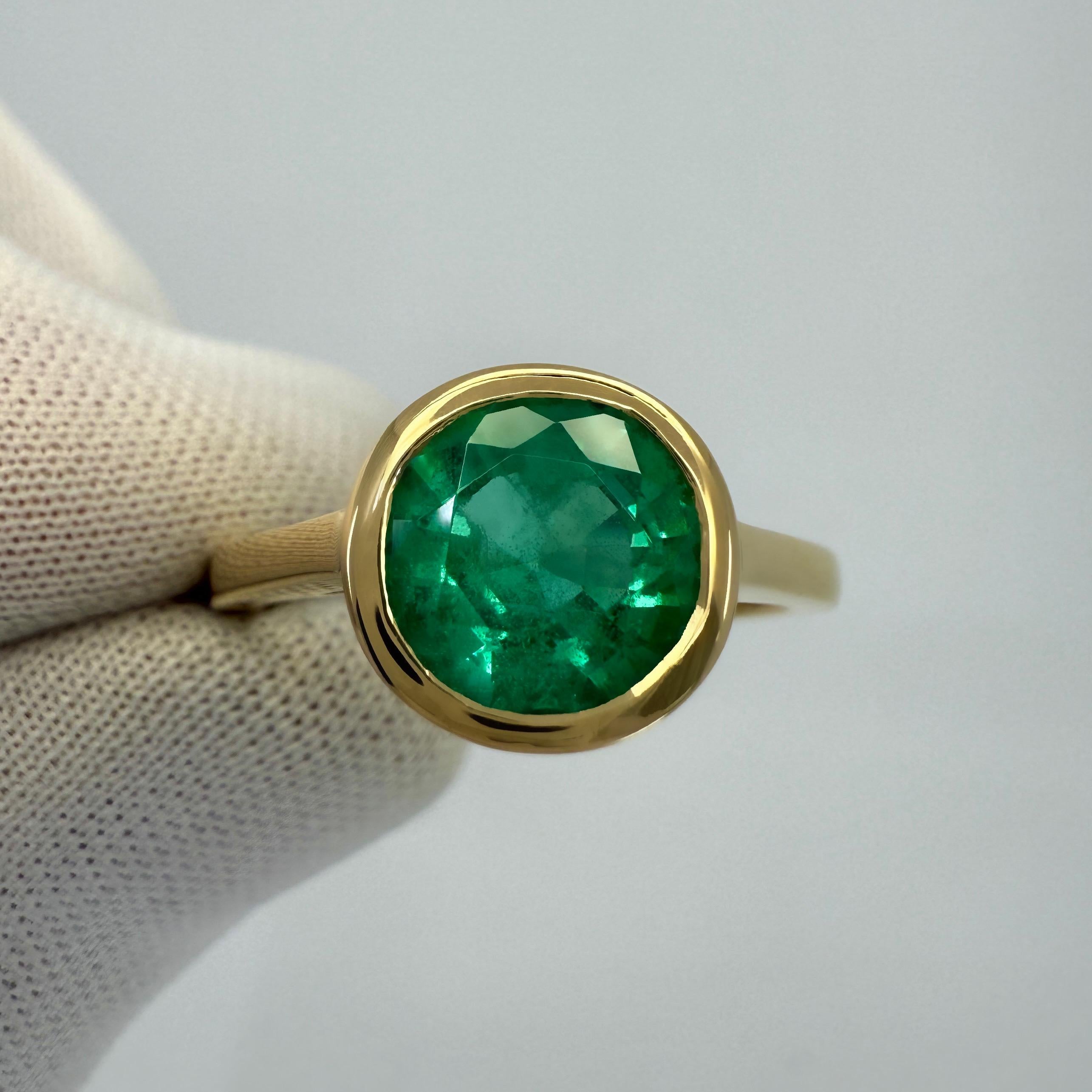 Femenino o masculino Esmeralda verde de 2,45 ct, certificada por el GIA, talla redonda, oro de 18 quilates, anillo con bisel y rublo en venta